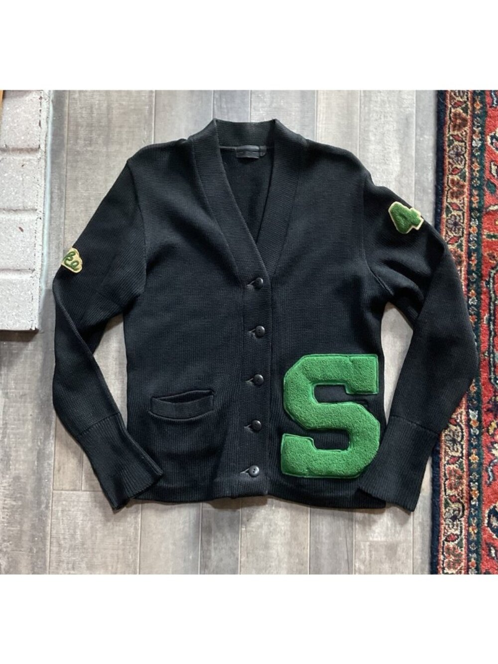 1946 True Vintage Varsity Wool Sweater Black Green S Seattle Emerald Athletics